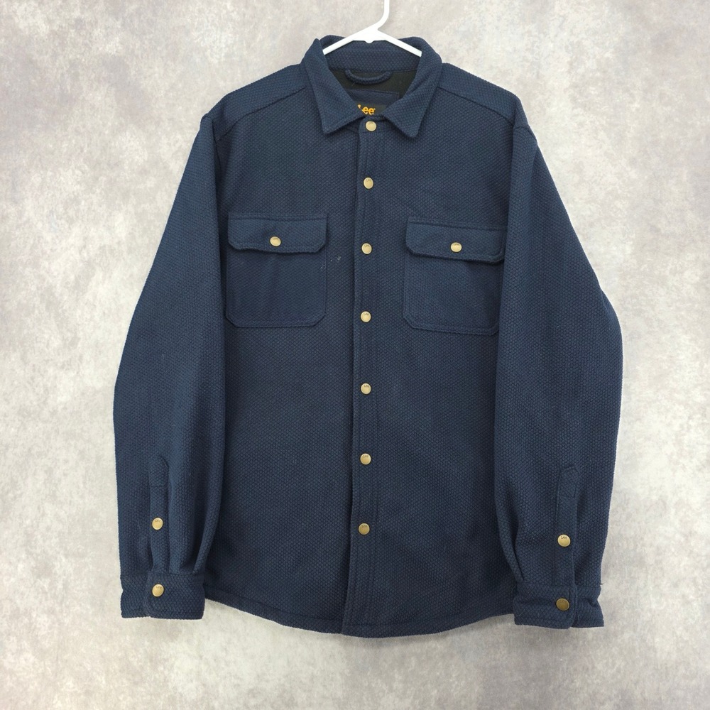 Lee Mens Navy Blue Waffle Knit Fleece Snap Front Shirt Jacket Regular Fit Medium